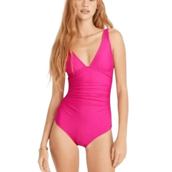NEW J. Crew‎ Ruched V-neck One-Piece Swimsuit in Radiant Fuchsia/Bright Pink 10 - Picture 2 of 15